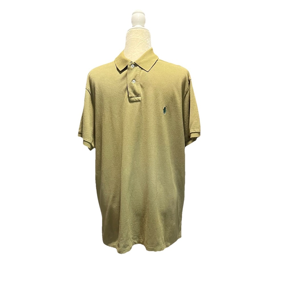Polo Ralph Lauren Mens XL Custom Fit Pique Polo Shirt Khaki Tan Green Pony Logo